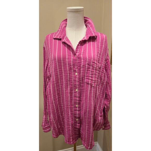Gap The Big Shirt 100% Gauze Cotton Pink White Stripe Pocket Womens Size Large - Picture 2 of 9